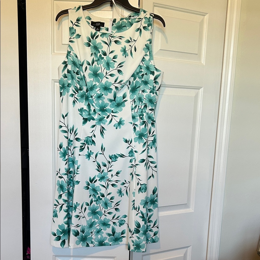 Sleeveless White Dress with Green/Teal Floral Print